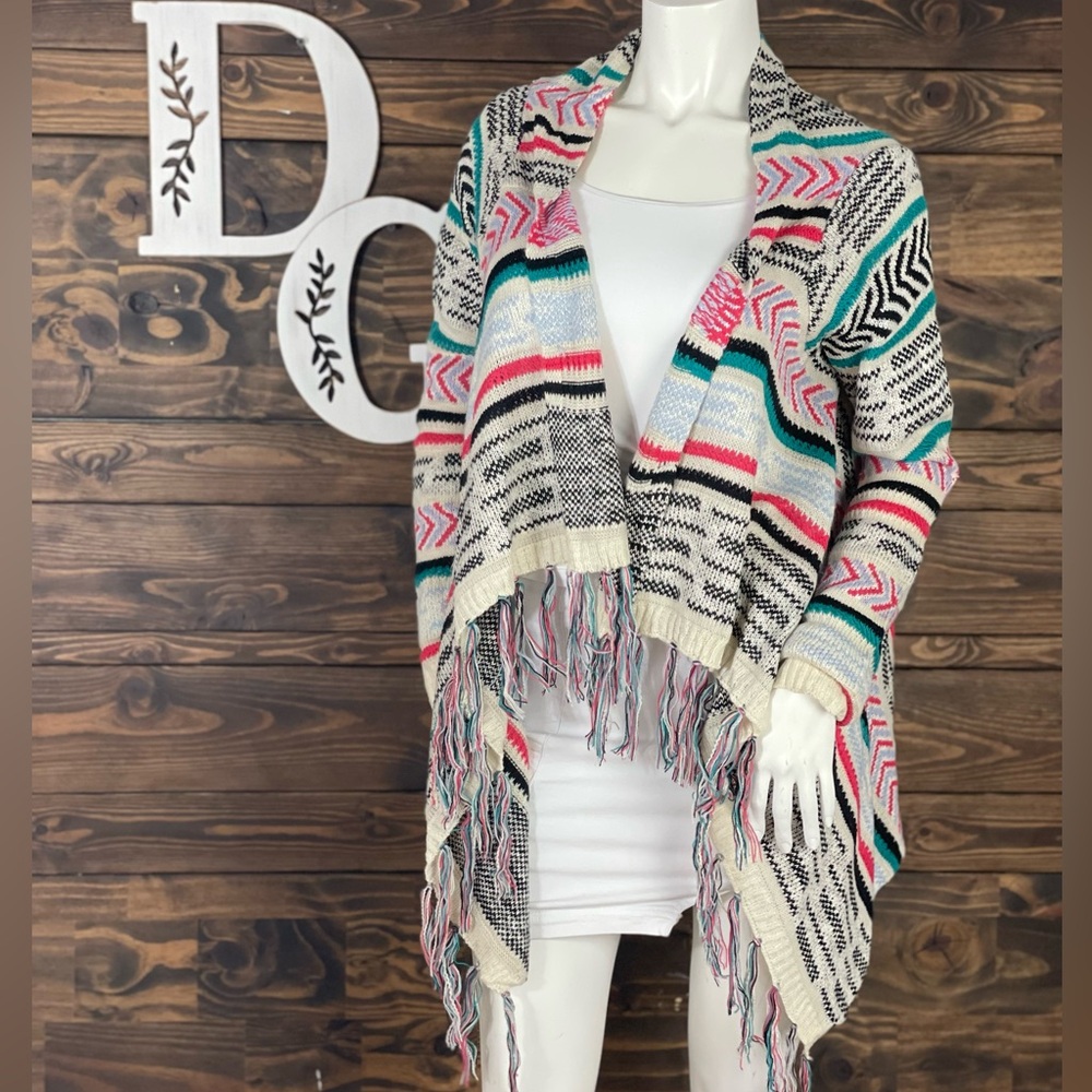 No Boundaries‎ | Aztec Chevron Multicolor Fringe Knit Cardigan Cascade Waterfall